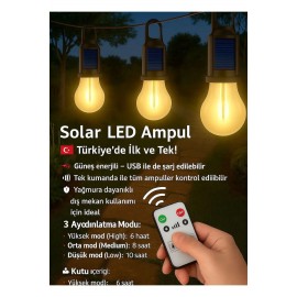 Solar USB Şarjlı LED Ampül | Kamp ve Bahçe Işığı Kumandalı