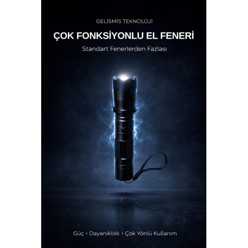 Çok Fonksiyonlu Güçlü Led El Feneri Usb Şarjlı Dayanıklı Outdoor Acil Durum Feneri - Siyah