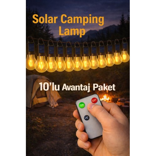 10 Adet Solar Led Kamp Ampülü Usb Şarjlı Kumandalı Işık - Siyah