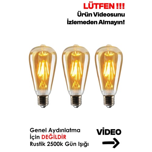 Rustik Led Ampul 3'lü Eko Paket Dekoratif Vintage Aydınlatma Amber Rengi St64 Tasarruflu Ampül - Nocolor-cf98264a