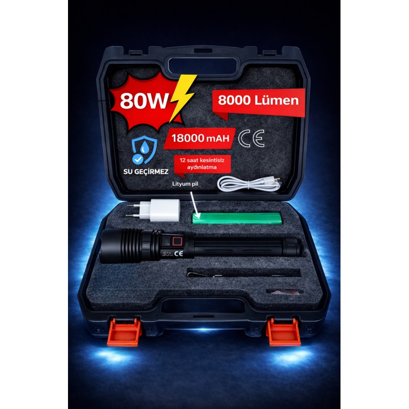 Yüksek Lümen Zoomlu Şarjlı Güçlü El Feneri 80w 8000 Lm 18000 Mah Powerbank Özellikli Büyük Fener - Siyah