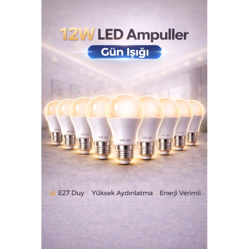 10 Adet 12w Gün Işığı Led Ampul E27 Duy Yüksek Aydınlatma Enerji Verimli Tasarruflu