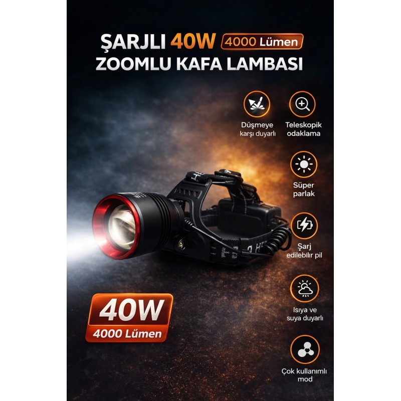 Şarjlı Zoomlu Kafa Lambası 4000 Yüksek Lümen 40w Sensörlü Kamp Avcı Balıkçı Kafa Feneri - Siyah
