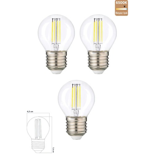 3 Adet G45 Şeffaf Cam E27 Mini Led Ampul - 6500 Kelvin Beyaz