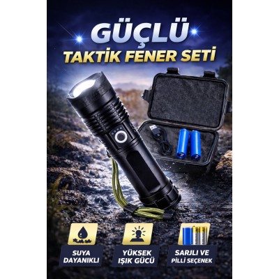 Zoom Özellikli Güçlü Taktik Led El Feneri Şarjlı Ve Pilli 5 Mod Kamp Outdoor Uzun Menzilli - Siyah