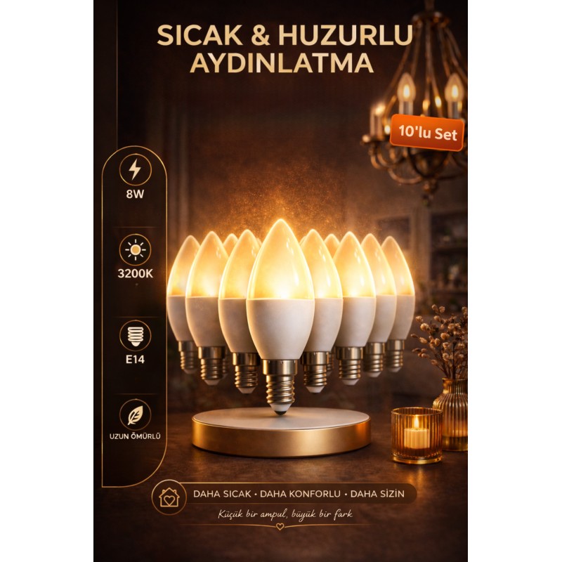 10 Adet 8w Led Ampul E14 Duy 3200k Gün Işığı Buji Mum Tipi Tasarruflu İnce Duy Avize Ampulü