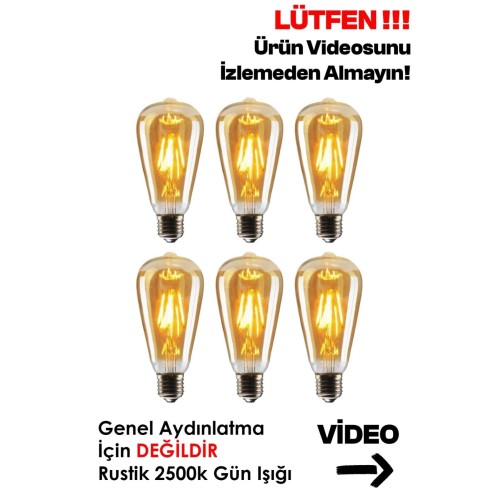Rustik Led Ampul 6'lı Eko Paket Amber E27 Duy Armut Tipi Dekoratif Vıntage Aydınlatma
