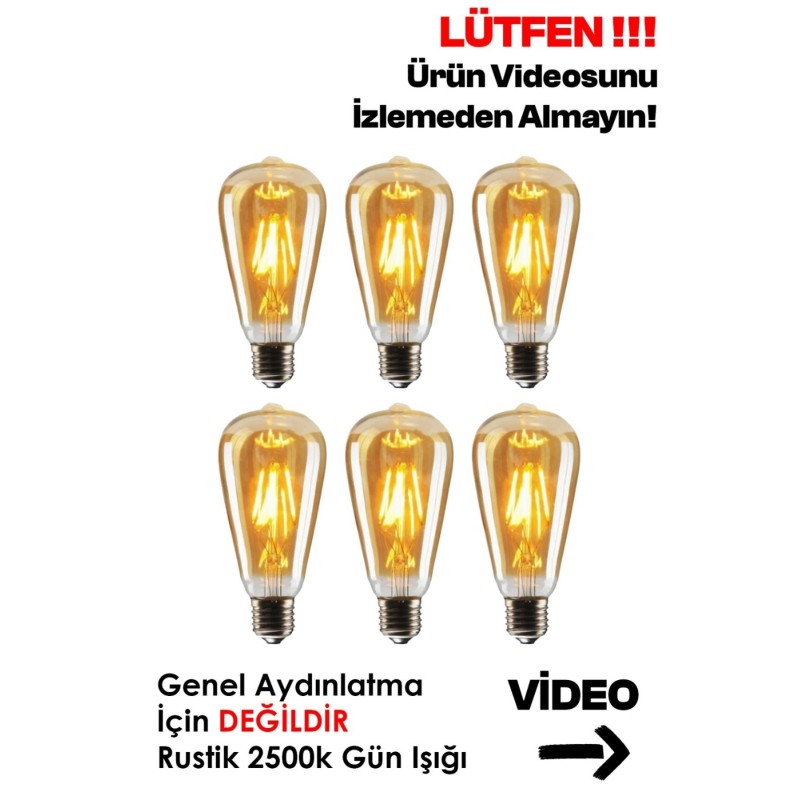 Rustik Led Ampul 6'lı Eko Paket Amber E27 Duy Armut Tipi Dekoratif Vıntage Aydınlatma