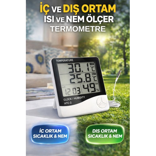 Dijital Termometre İç Dış Ortam Isı Ve Nem Ölçer Problu Alarmlı Masaüstü Sıcaklık Ölçer Saatli