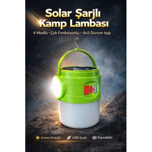 Solar Şarjlı Kamp Çadır Lambası 4 Modlu El Feneri Acil Durum Işığı Taşınabilir Işıldak - Yeşil