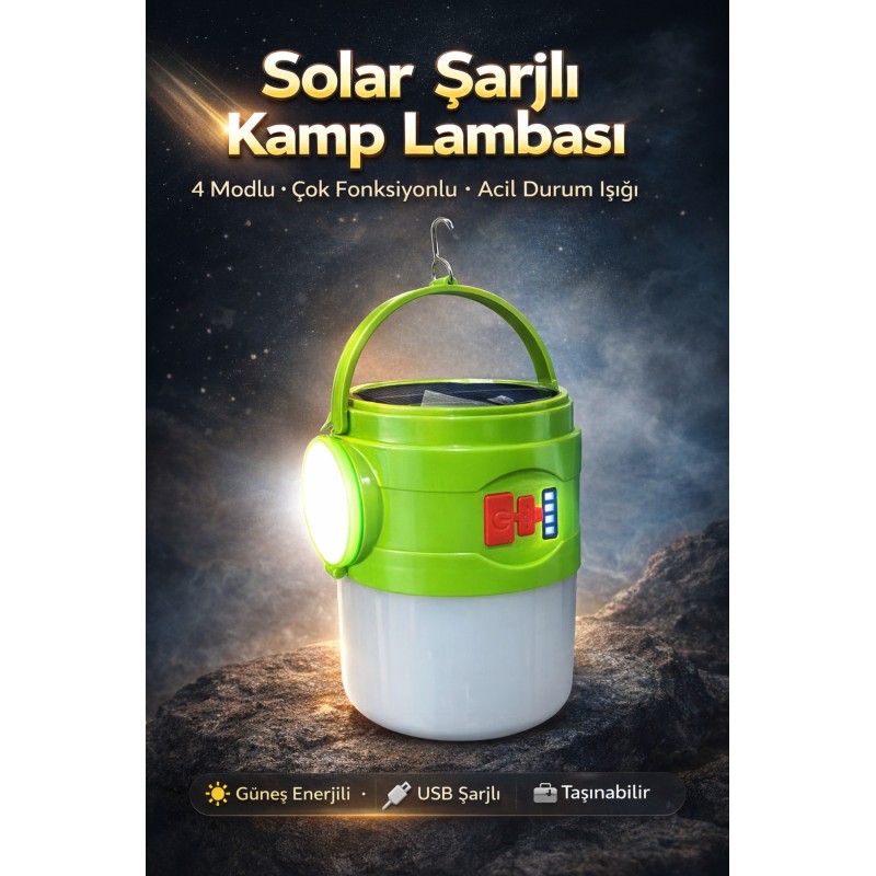 Solar Şarjlı Kamp Çadır Lambası 4 Modlu El Feneri Acil Durum Işığı Taşınabilir Işıldak - Yeşil