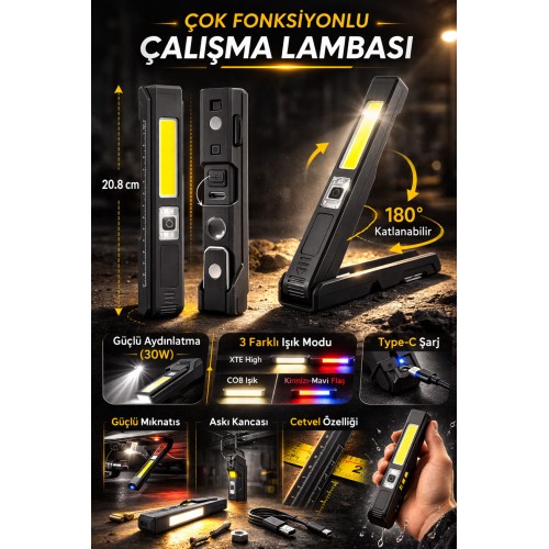 30w Şarjlı Mıknatıslı Katlanabilir Led Çalışma Lambası 3 Mod Profesyonel Oto Tamir Kamp El Feneri - Siyah