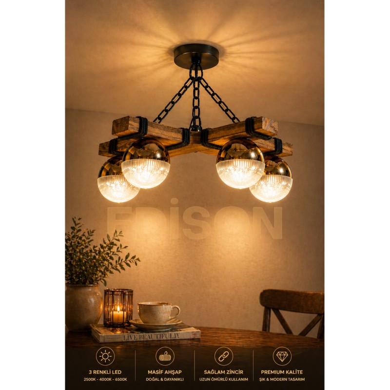 Rustik Ahşap Kirişli 4 Lü Led Avize Gold Küre Tasarım 3 Renk Işık Modern Sarkıt Aydınlatma - Altın