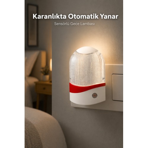 Işık Sensörlü Gece Lambası Priz Tipi Otomatik Yanan Led Gece Lambası Beyaz Işık - Kırmızı