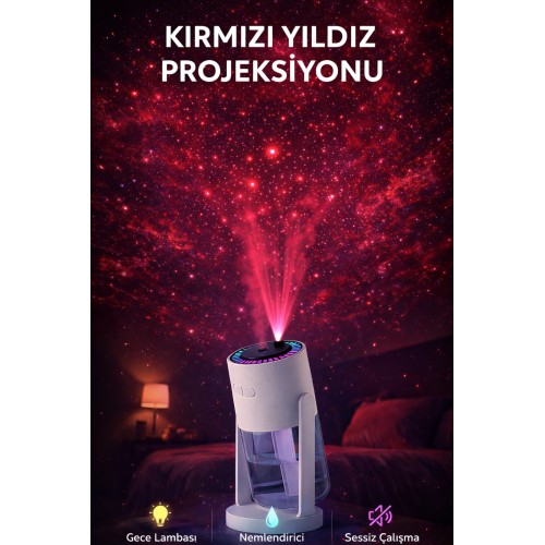Yıldız Projeksiyonlu Hava Nemlendirici Rgb Led Gece Lambası Sessiz Ultrasonik Buhar Makinesi - Beyaz