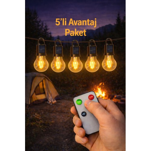 5 Adet Solar Led Kamp Ampülü Usb Şarjlı Kumandalı Işık - Siyah