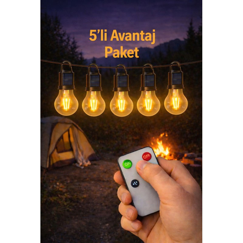 5 Adet Solar Led Kamp Ampülü Usb Şarjlı Kumandalı Işık - Siyah