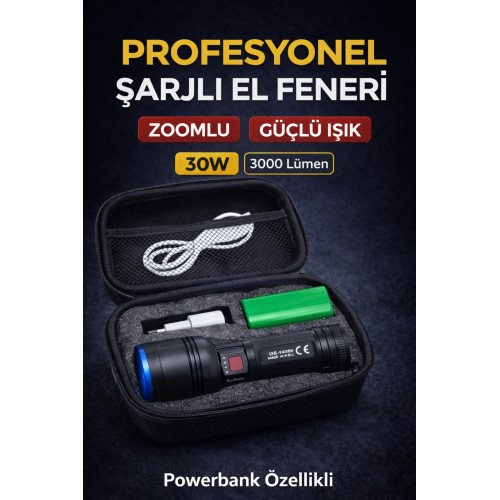 Şarjlı Avcı Tipi Led El Feneri 30w 3000 Lümen 8000 Mah Li-ion Bataryalı Taşıma Çantalı Güçlü - Siyah
