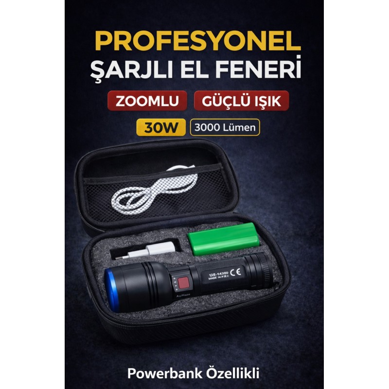 Şarjlı Avcı Tipi Led El Feneri 30w 3000 Lümen 8000 Mah Li-ion Bataryalı Taşıma Çantalı Güçlü - Siyah