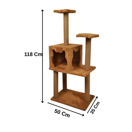 Üç Katlı Yuvalı Lüx Kedi Tırmalama Platformu Ve Kedi Oyun Evi - Kahverengi
