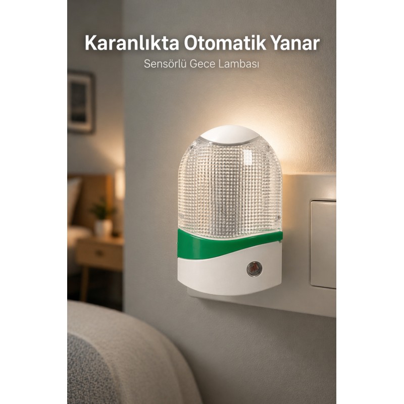Işık Sensörlü Gece Lambası Priz Tipi Otomatik Yanan Led Gece Lambası Beyaz Işık - Yeşil