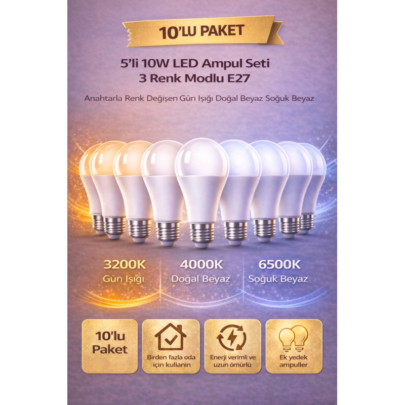 10 Adet 3 Renk Modlu 10w Led Ampul E27 Duy Anahtarla Renk Değişen 3 Işık Tek Ampul