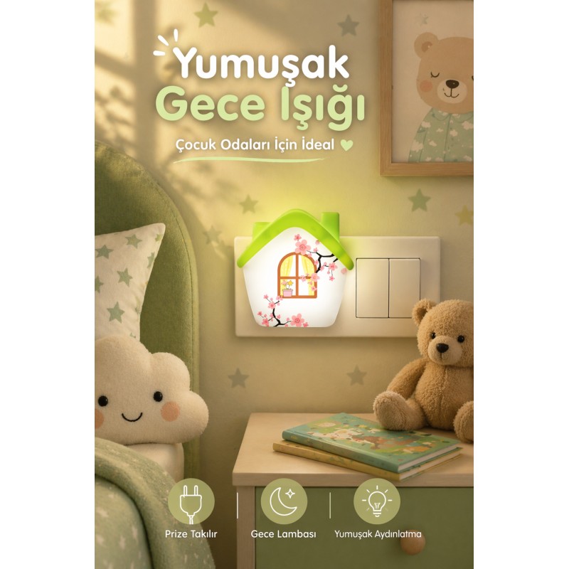 Yeşil Led Gece Lambası Priz Tipi Çocuk Odası Dekoratif Ev Tasarımlı Beyaz Işık