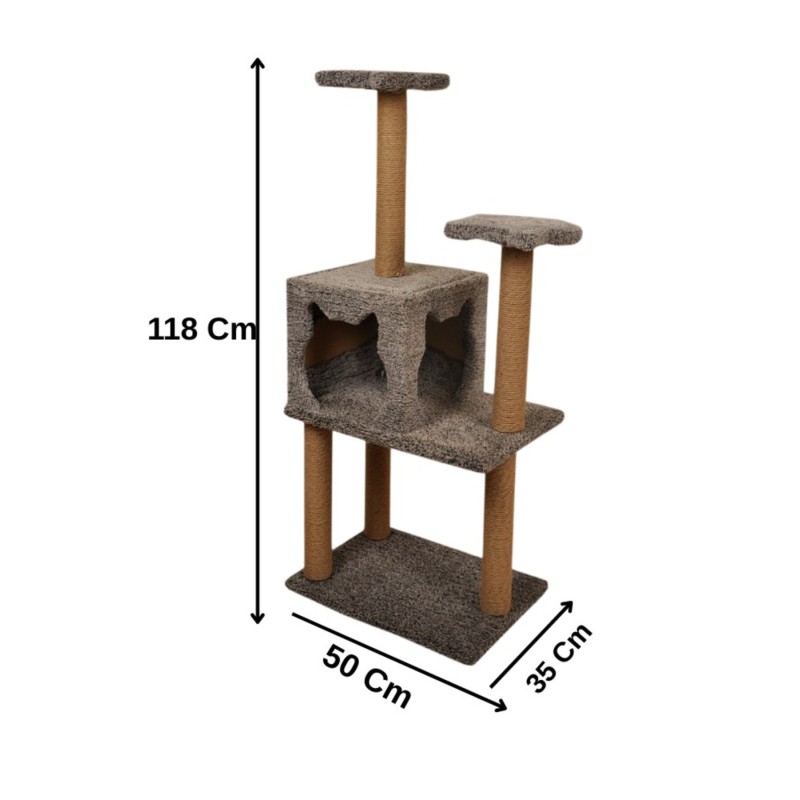 Üç Katlı Yuvalı Lüx Kedi Tırmalama Platformu Ve Kedi Oyun Evi - Gri