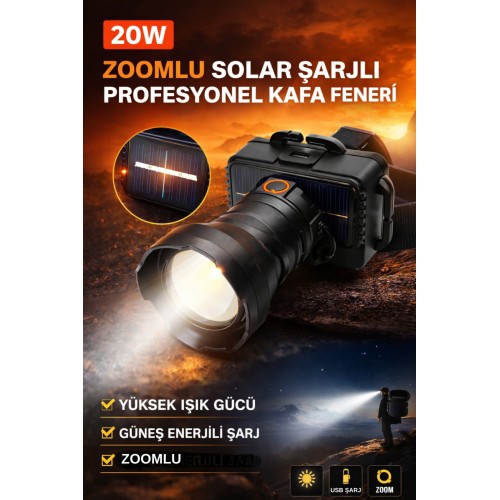 Solar Şarjlı 20w Zoomlu Led Kafa Feneri Güçlü Kamp Avcılık Outdoor Uzun Menzil Şarjlı Fener - Siyah