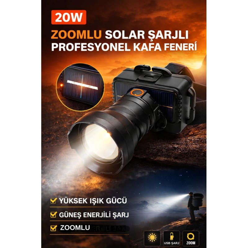 Solar Şarjlı 20w Zoomlu Led Kafa Feneri Güçlü Kamp Avcılık Outdoor Uzun Menzil Şarjlı Fener - Siyah