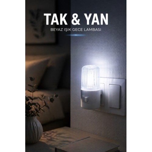 Priz Tipi Beyaz Işık Gece Lambası Anahtarlı Mini Led Lamba Tak Çalıştır Aydınlatma