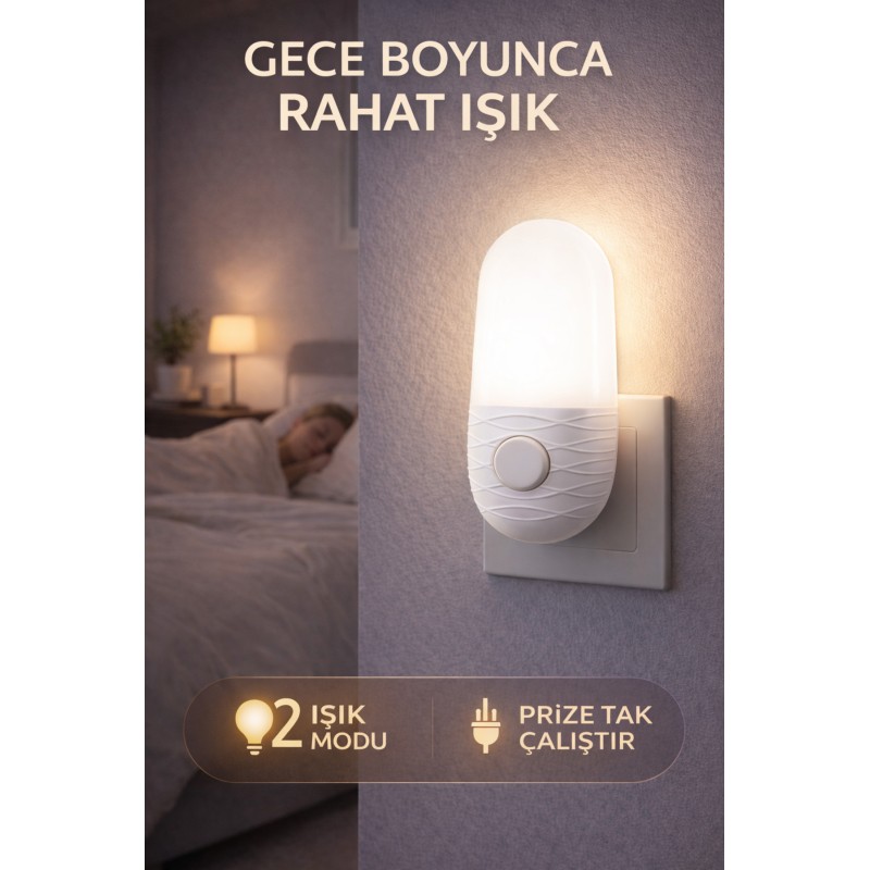 Beyaz 2 Modlu Gece Lambası Tak Çalıştır Priz Tipi Led Gece Işığı Bebek Çocuk Yatak Odası Kullanım