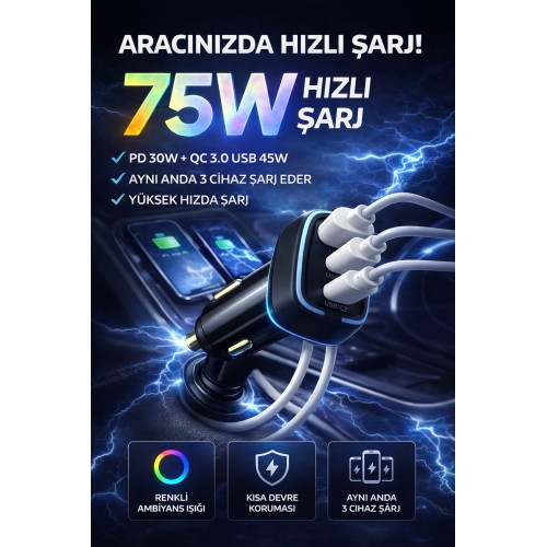 75w Hızlı Araç Şarj Cihazı Usb-c Pd Qc 3.0 3 Çıkışlı Çakmaklık Telefon Şarj Adaptörü - Siyah