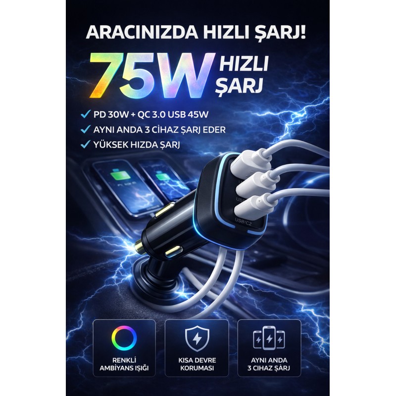 75w Hızlı Araç Şarj Cihazı Usb-c Pd Qc 3.0 3 Çıkışlı Çakmaklık Telefon Şarj Adaptörü - Siyah