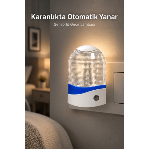 Işık Sensörlü Gece Lambası Priz Tipi Otomatik Yanan Led Gece Lambası Beyaz Işık - Mavi
