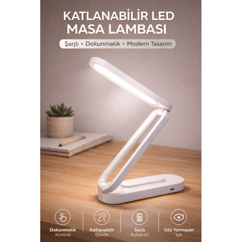 Beyaz Katlanabilir Led Masa Lambası 3 Işık Modu Şarjlı Dokunmatik Masa Lambası