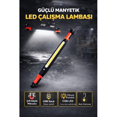 Manyetik Askılı Led Çalışma Lambası 40w 4000 Lümen Şarjlı Tamir Lambası 4 Modlu Cob Işık - Siyah