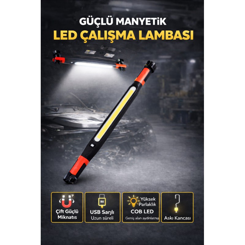 Manyetik Askılı Led Çalışma Lambası 40w 4000 Lümen Şarjlı Tamir Lambası 4 Modlu Cob Işık - Siyah