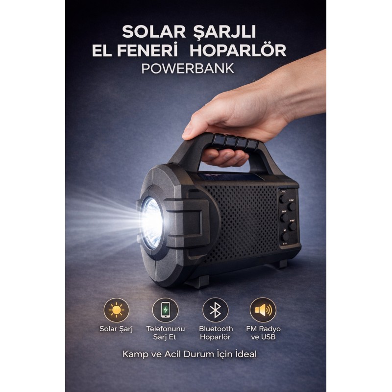Solar Şarjlı Led Fener Bluetooth Hoparlör Radyo Usb Micro Şarjlı Kamp Acil Durum Lambası - Siyah