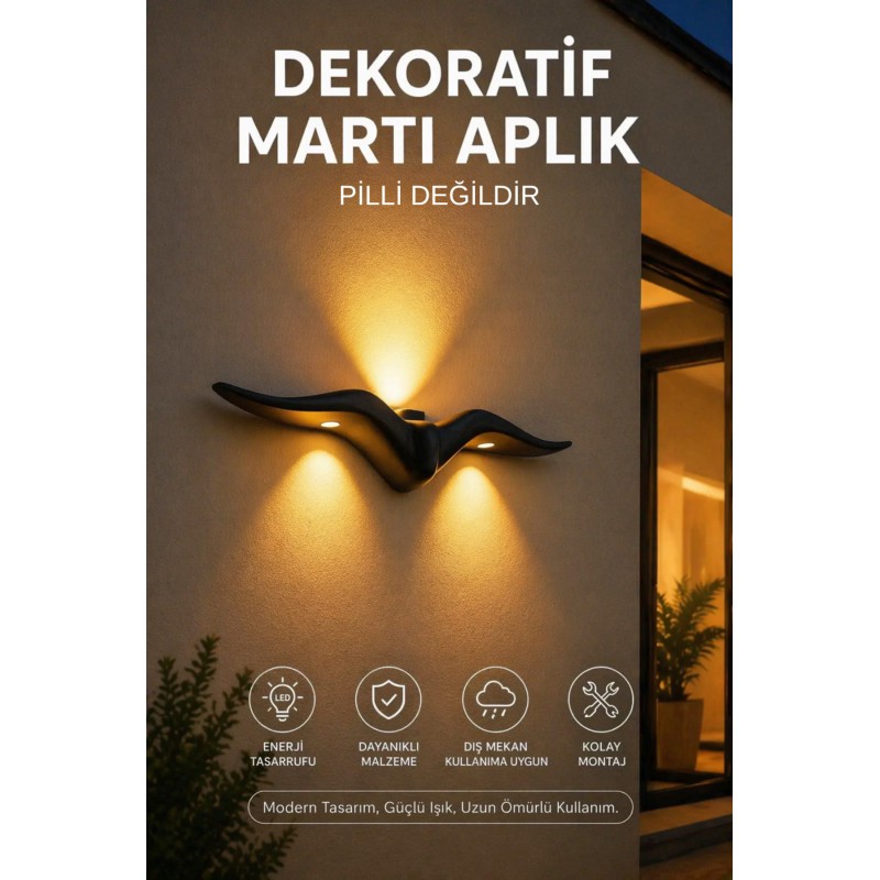 Dekoratif Martı Led Aplik - Duvar Tipi Led Aplik- 12 W 3000k Iç Ve Dış Mekan Siyah Kasa 220 V Enerji