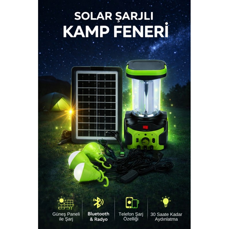 Solar Şarjlı Kamp Feneri Bluetooth Radyo Usb Telefon Şarjlı Taşınabilir Led Aydınlatma Seti Işıldak