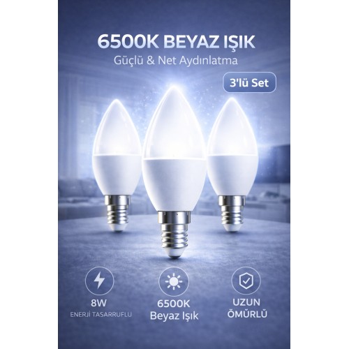 8w Led Ampul E14 Duy 6500k Beyaz Işık Buji Mum Tipi Tasarruflu İnce Duy Avize Ampulü