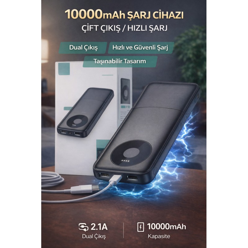 2.1a Çift Çıkışlı İnce Tasarım 10000 Mah Taşınabilir Powerbank - Siyah