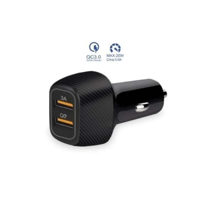 Araç Içi Şarj Cihazı 3.0 A Fast 30w Süper Hızlı 2 Usb Çıkışlı Çakmaklık - Siyah