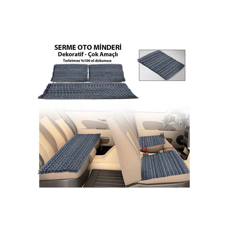 Serme Oto Koltuk Kılıfı Minderi Kilim Dokuma Kaliteli 3 Parça - Siyah-mavi