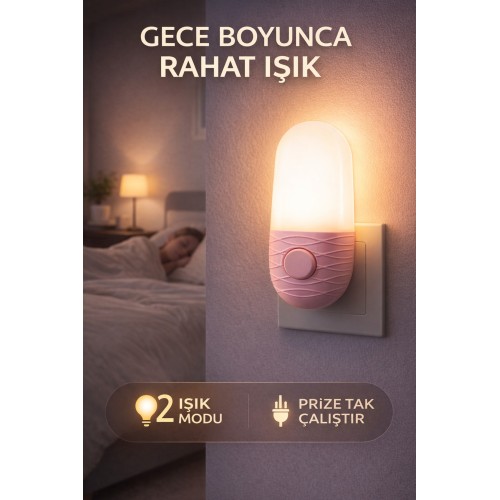 Pembe 2 Modlu Gece Lambası Tak Çalıştır Priz Tipi Led Gece Işığı Bebek Çocuk Yatak Odası Kullanım