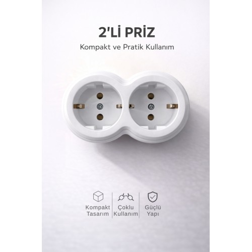 2 Li Priz Çoklayıcı Topraklı Kompakt Tasarım 16a 250v Yer Kaplamaz Güçlü Priz Adaptör - Beyaz