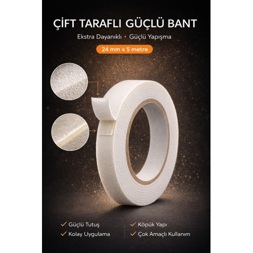 Çift Taraflı Köpük Bant 24mm X 5m Ultra Güçlü Yapışkan Duvar Montaj Sabitleme Bandı - Beyaz