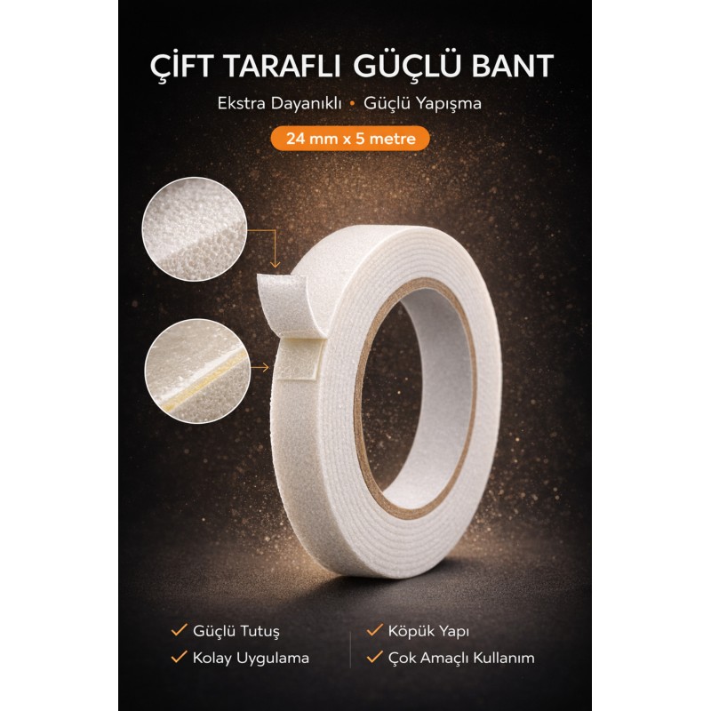 Çift Taraflı Köpük Bant 24mm X 5m Ultra Güçlü Yapışkan Duvar Montaj Sabitleme Bandı - Beyaz