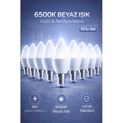 10 Adet 8w Led Ampul E14 Duy 6500k Beyaz Işık Buji Mum Tipi Tasarruflu İnce Duy Avize Ampulü